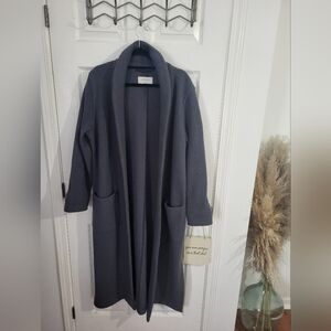 Babaton Dark Blue Gray Long Cardigan with Shawl Collar and Relaxed Sleeves